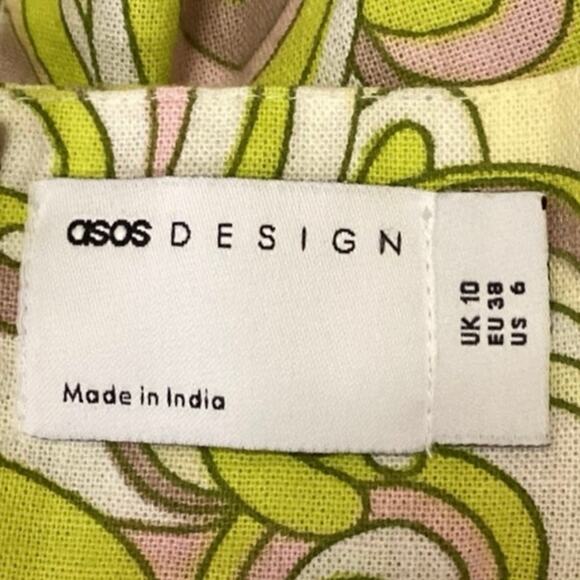 ASOS Design Yellow Linen Sleeveless Paisley Knot Front Cut Out Mini Sun Dress 6 - Picture 8 of 9